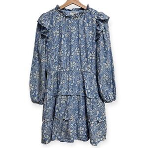 STS Sail To Sable Long Sleeve Silk Cotton Blend Ruffle Neck Mini Dress Medium